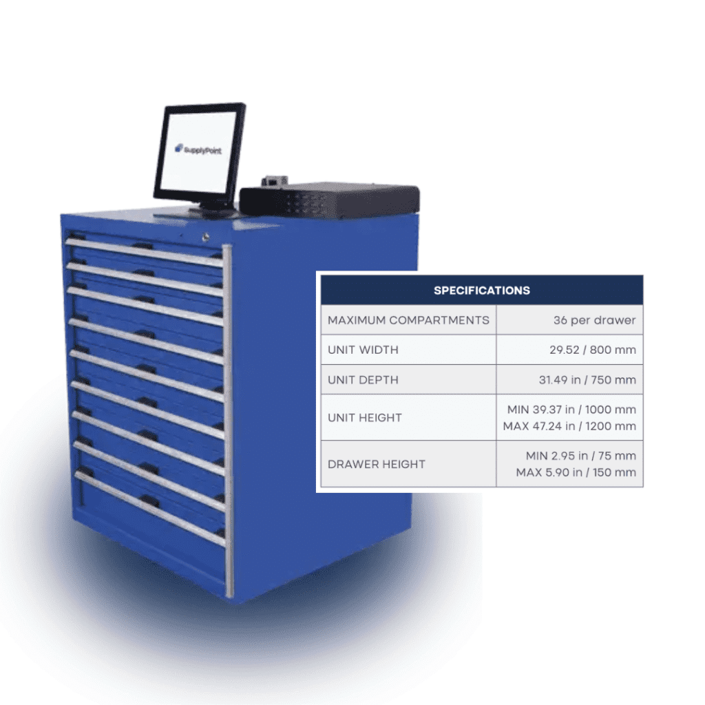 A blue metal cabinet with eight drawers, a computer screen, and a device on top. Beside it is a specifications chart listing drawer compartments, width, depth, height, and drawer height measurements.