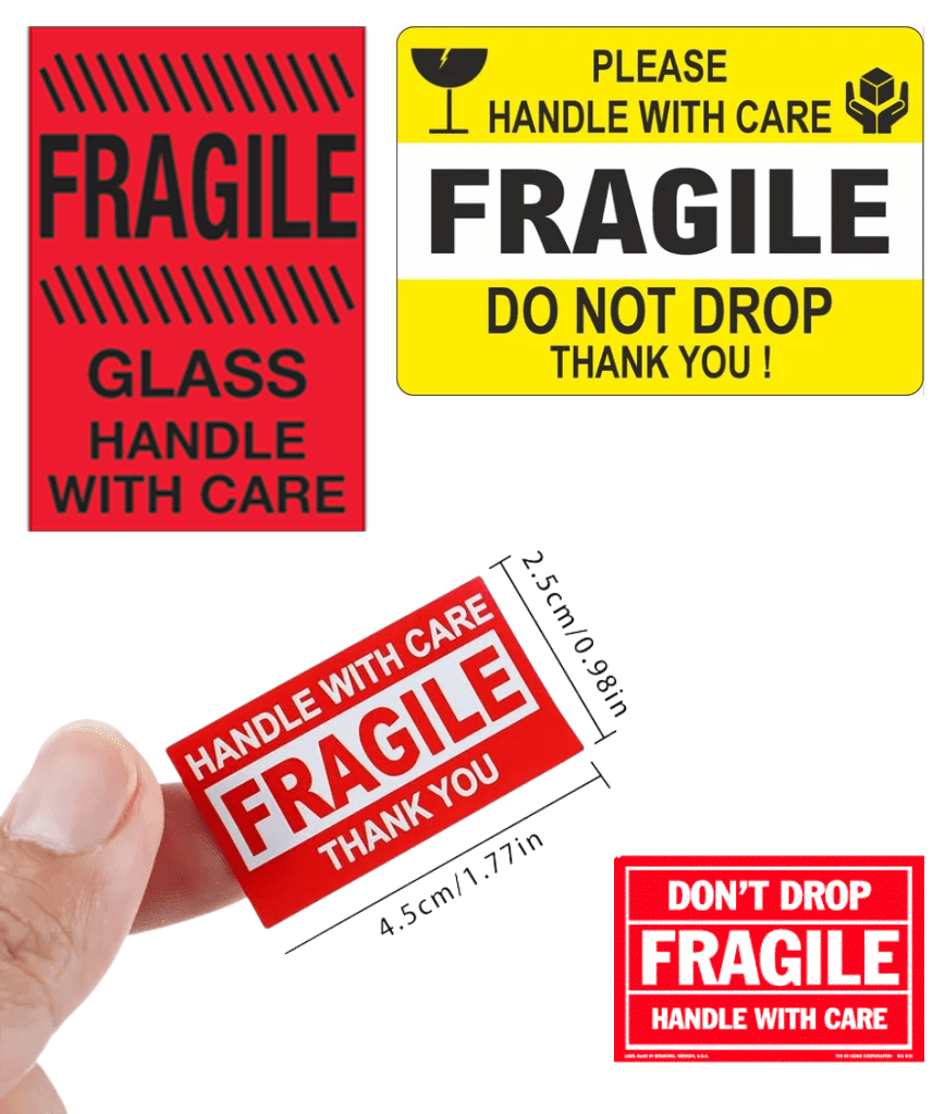 Four types of Fragile: Handle with Care stickers in red and yellow designs, including one being held between fingers to show its small size.