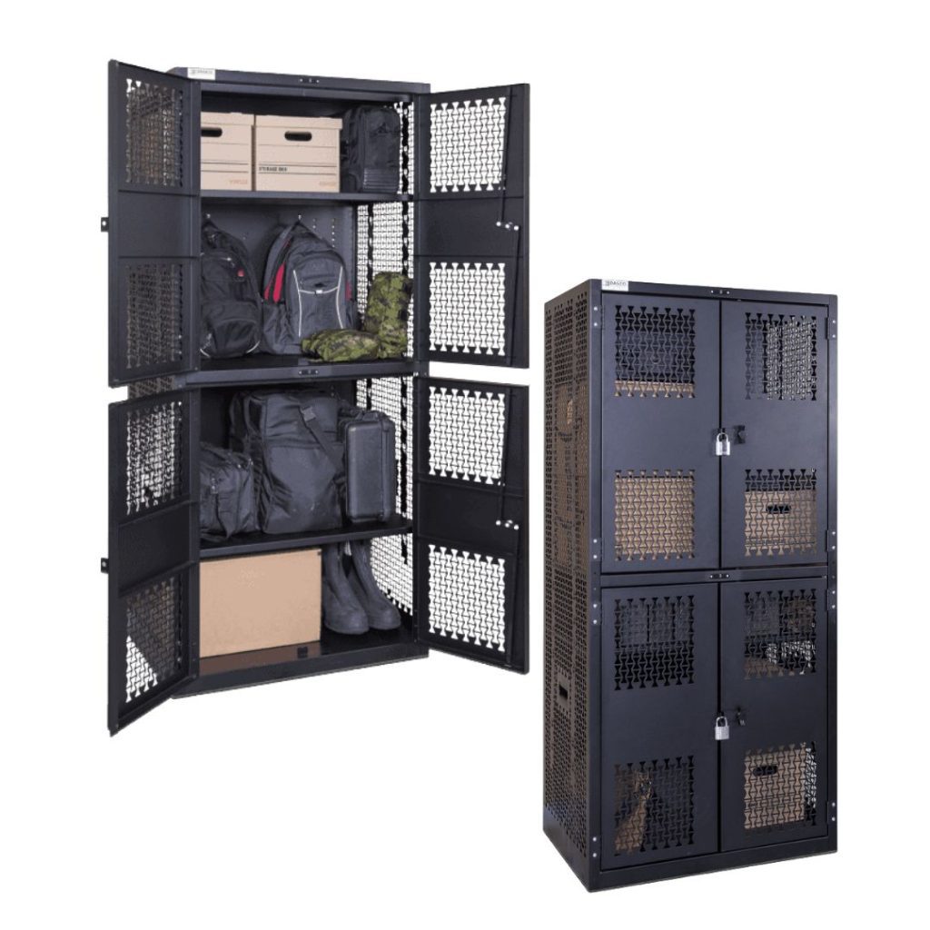 Two black metal lockers with mesh doors; one locker is open, showing shelves with bags, boxes, and gear, while the other locker is closed. Both have multiple compartments and ventilation holes.