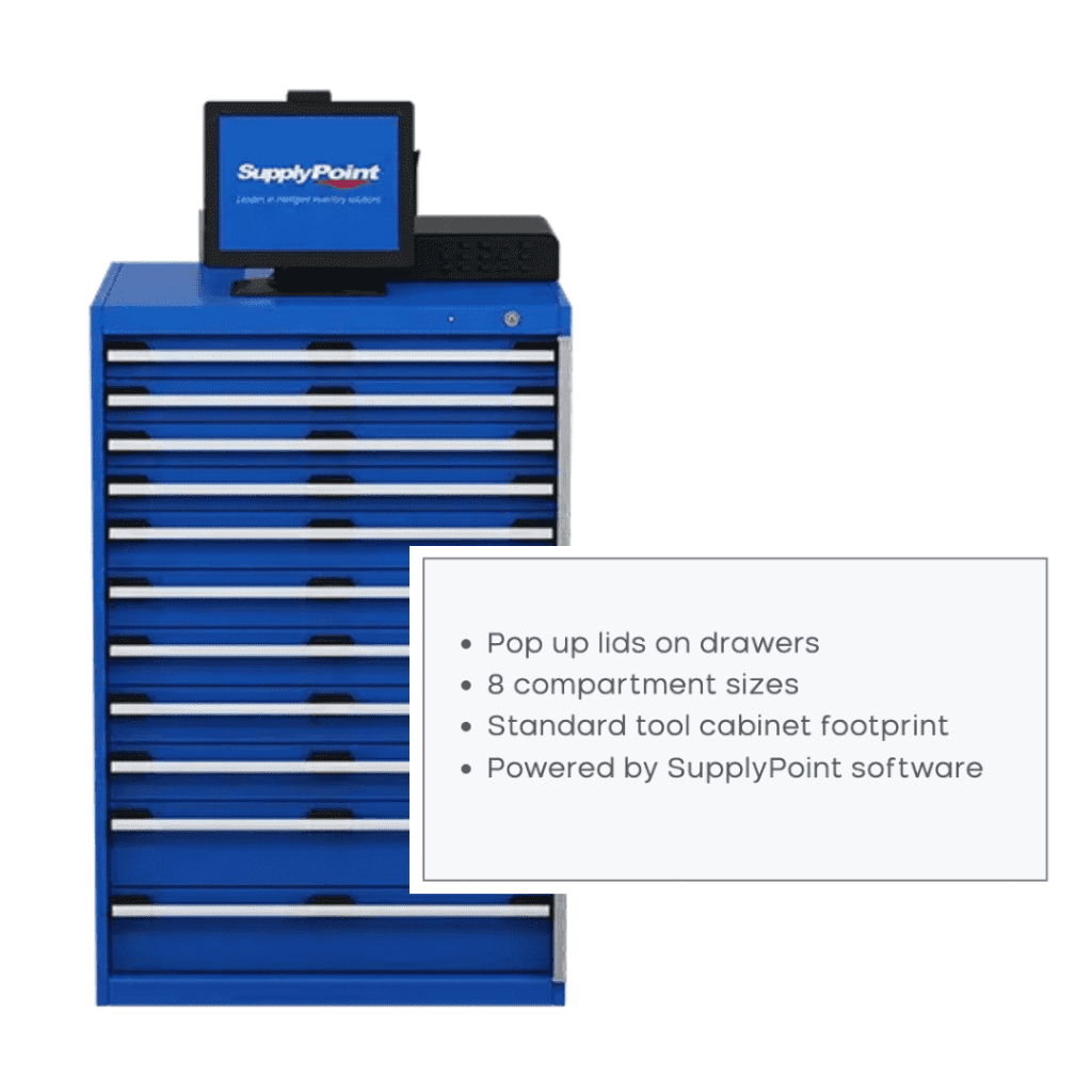 A blue tool cabinet with multiple drawers, topped with a screen displaying SupplyPoint. An inset box lists features: pop up lids, 8 compartment sizes, standard cabinet footprint, and SupplyPoint software.