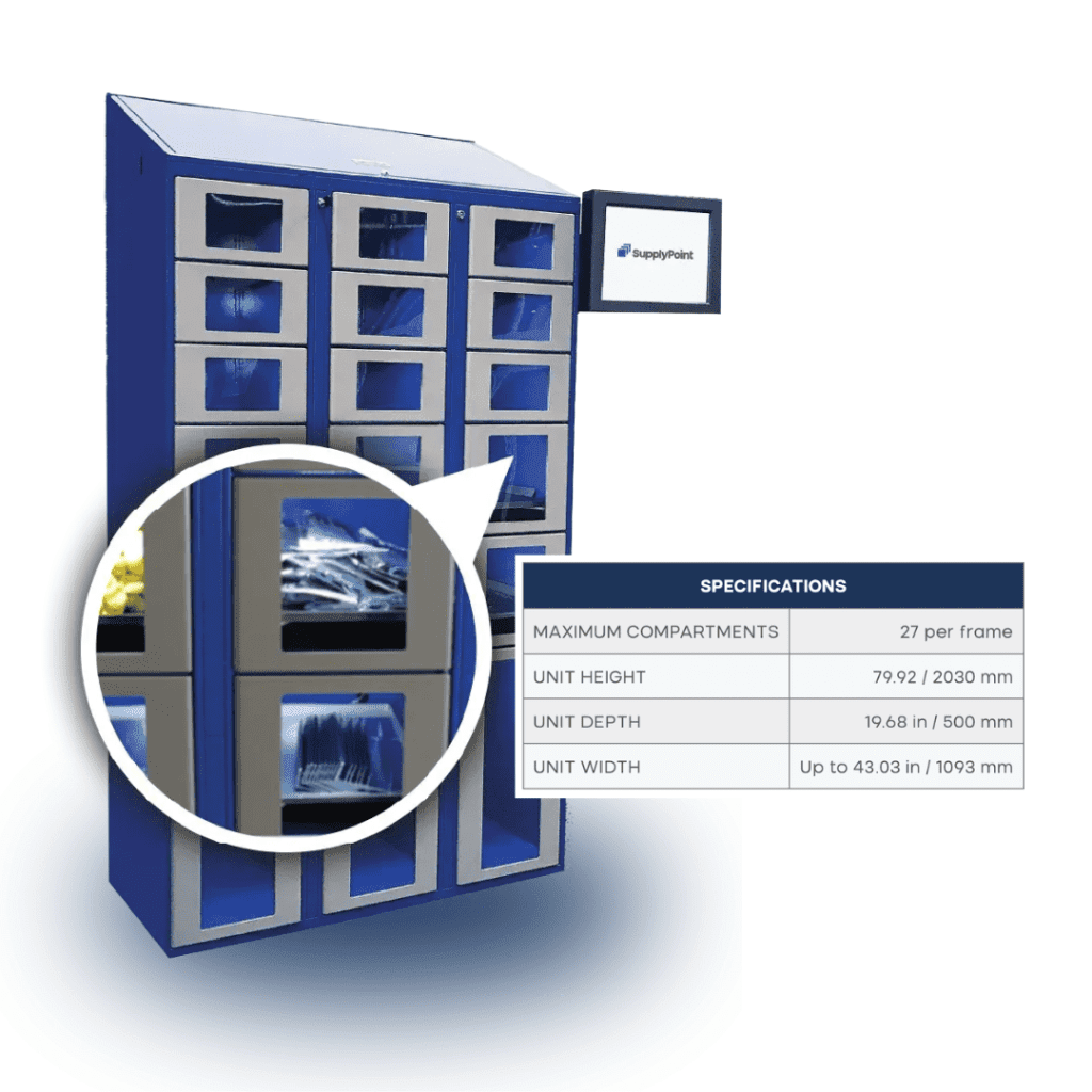 A blue and gray locker unit with multiple compartments, one enlarged to show contents inside. Beside it is a table listing specifications, including maximum compartments, dimensions, and unit width.