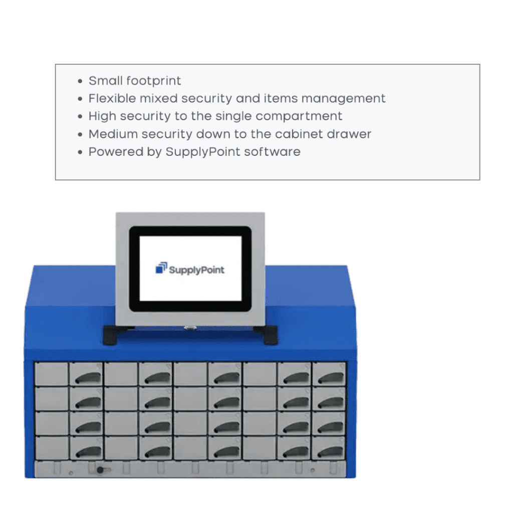 A blue and gray storage cabinet with individual drawers, a touchscreen monitor displaying the SupplyPoint logo on top, and a bullet-point list of features including security, management, and software details.