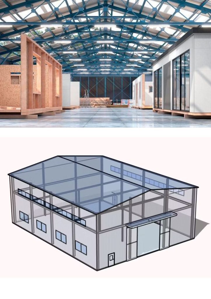 Top: Interior of a warehouse showcasing modular warehouse design in progress. Bottom: 3D drawing of a warehouse with transparent walls and roof, highlighting structural supports for scalable warehouse facilities.