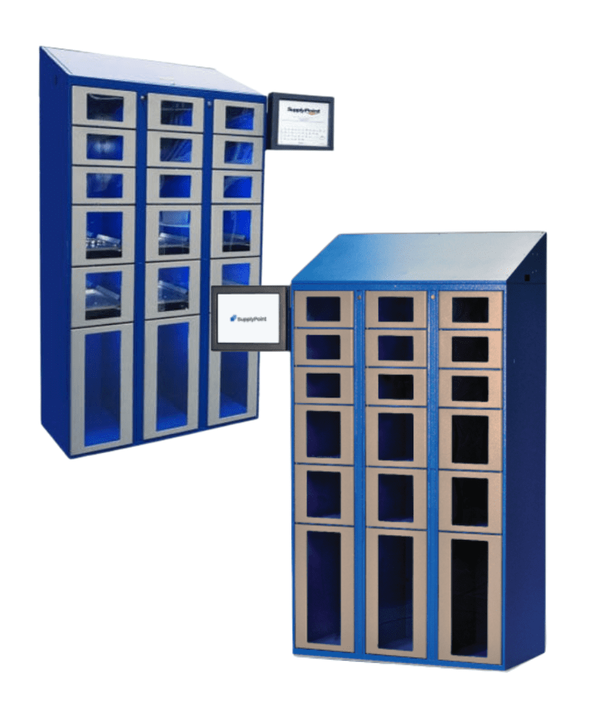 Two blue and silver electronic locker units with multiple compartments and built-in touchscreens, used for secure item storage and retrieval.