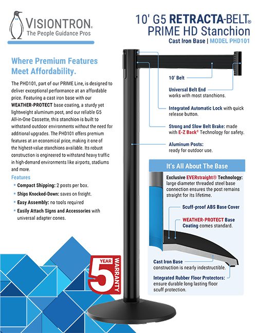 Promotional flyer for the Visiontron PRIME HD stanchion, featuring a weatherproof retractable belt, product features, benefits, and a red “5 year limited warranty” badge. Blue and black color scheme highlights industrial safety stanchions.