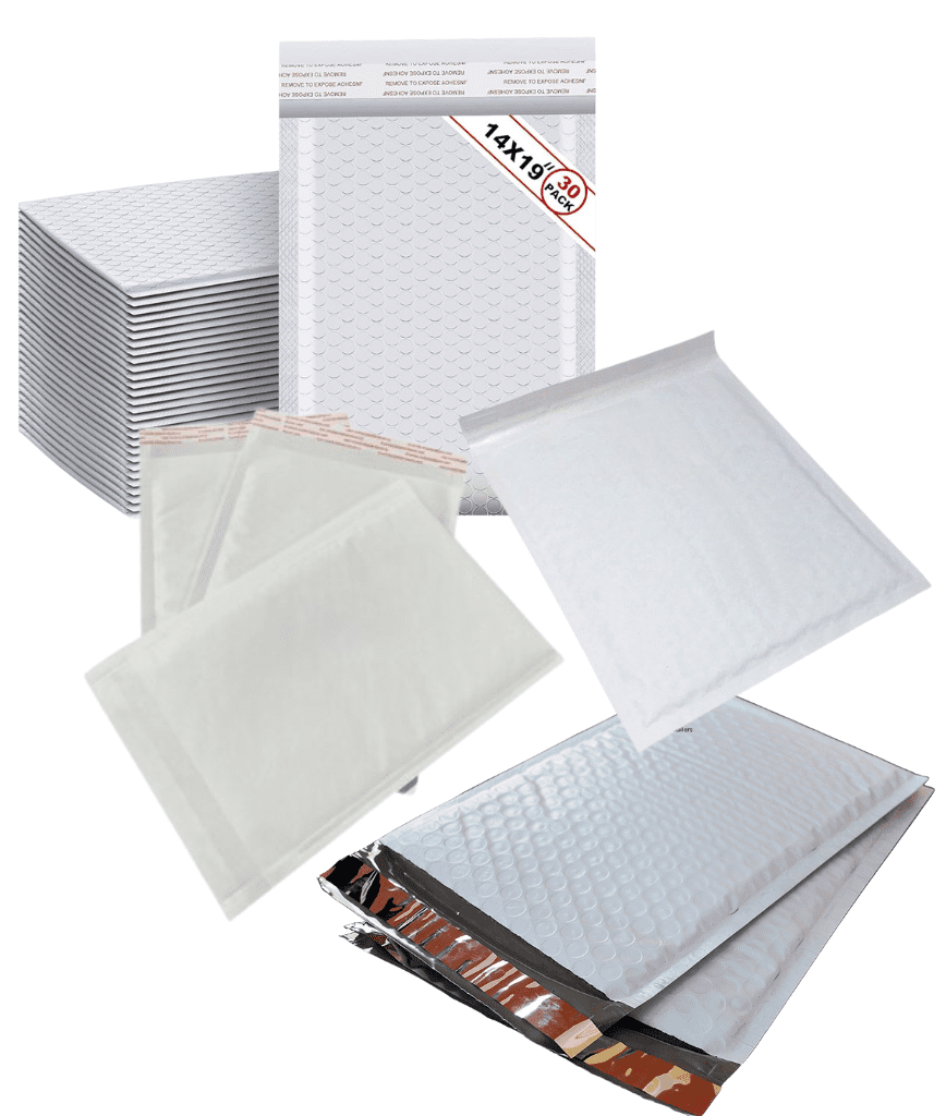 A variety of white padded bubble mailer envelopes in different sizes and angles, some stacked, some open, and some with peel-and-seal strips visible.