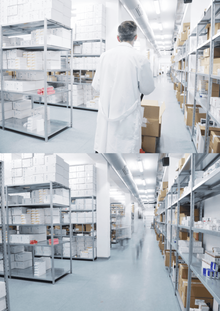 A person in a white lab coat stands in a bright, organized storage room lined with metal shelves holding boxes and medical supplies, illustrating FDA compliant warehouse layout; the lower image shows the same aisle without the person.