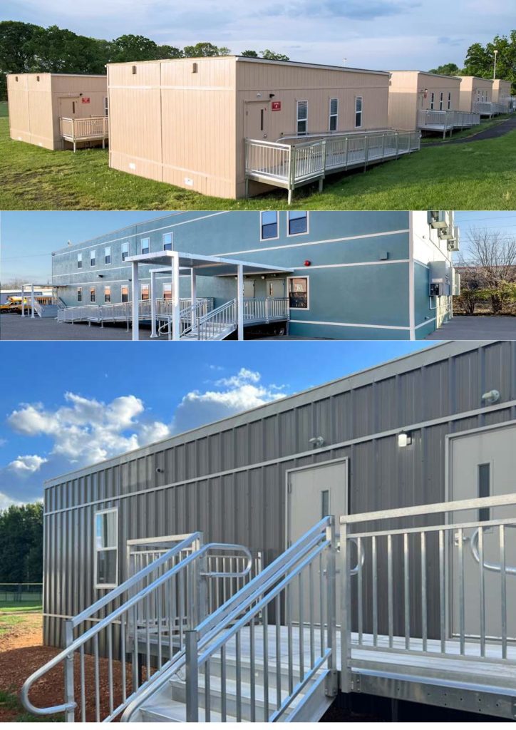 Three separate images of relocatable modular buildings, each with ramp or stair access, set on grassy or mulched areas. The buildings vary in color—tan, blue, and gray—and are shown under clear skies.