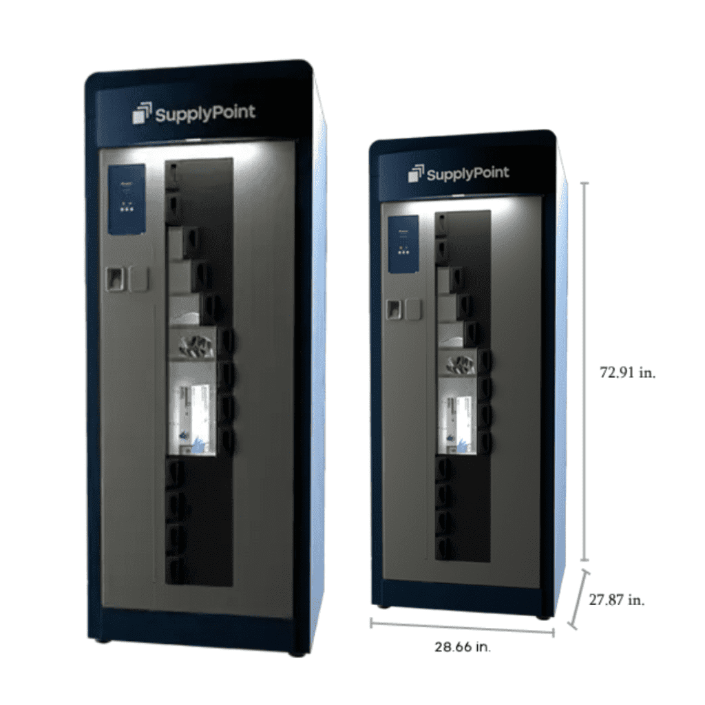 Two SupplyPoint vending machines are shown side by side. Each is black and gray with a display screen and slots for dispensing items. Dimensions are labeled: 72.91 in. high, 28.66 in. wide, and 27.87 in. deep.