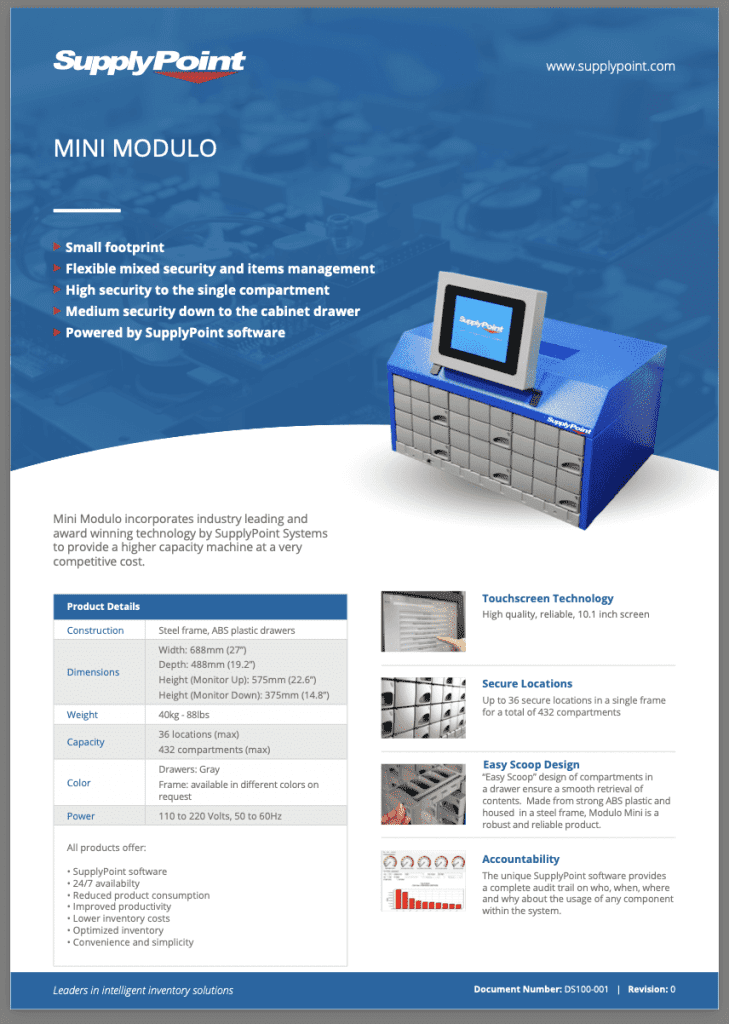A blue and gray modular storage unit with multiple drawers and a touchscreen interface. Text highlights its security features, easy setup, and specifications. The background is gray with white and orange accents. SupplyPoint branding is visible.