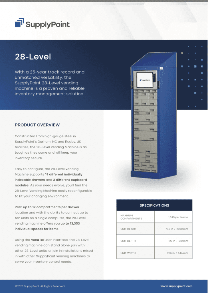 A tall blue vending machine with multiple labelled inventory drawers is shown. The adjacent text highlights product features, specifications, and a SupplyPoint logo at the top of the promotional flyer.