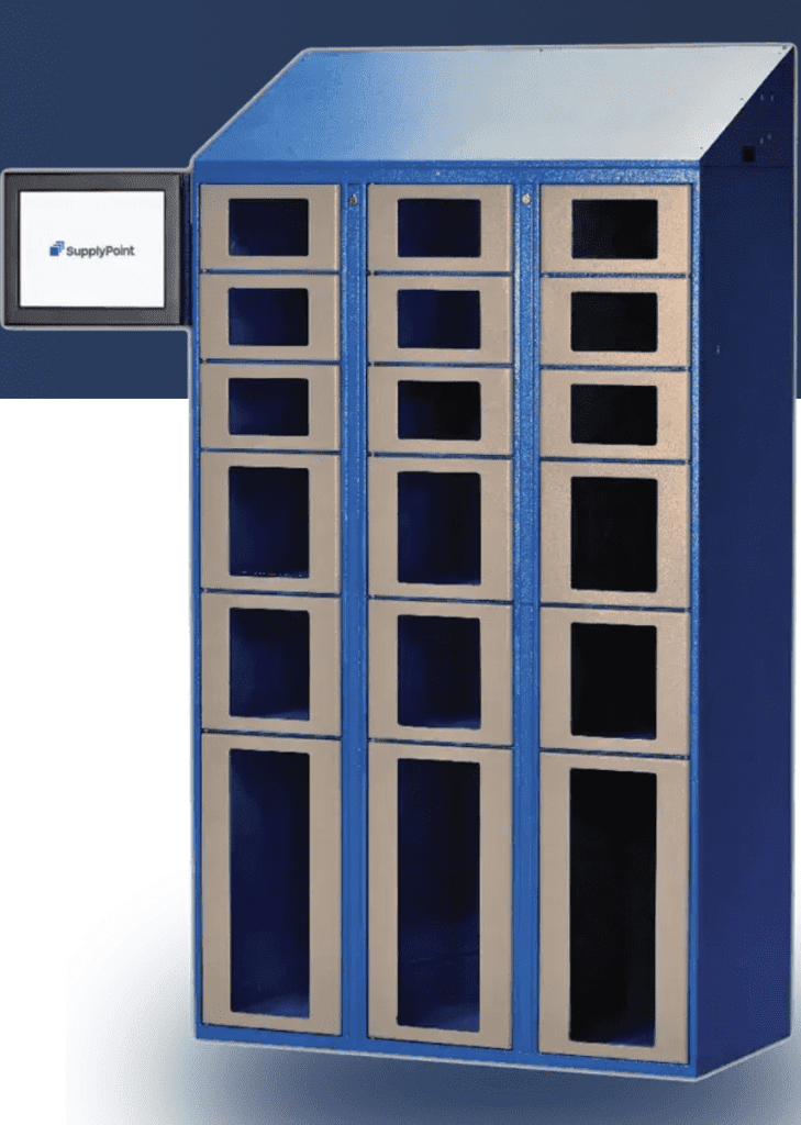 A blue and gray electronic locker system with multiple compartments and a touchscreen display on the upper left side, labeled “SupplyPoint.”.