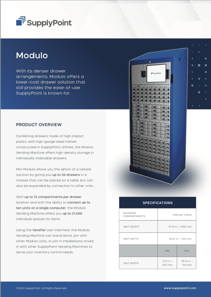 A blue and gray vending machine with many drawer compartments is shown next to a product overview and specifications text for the Modulo by SupplyPoint, highlighting its features and dimensions.