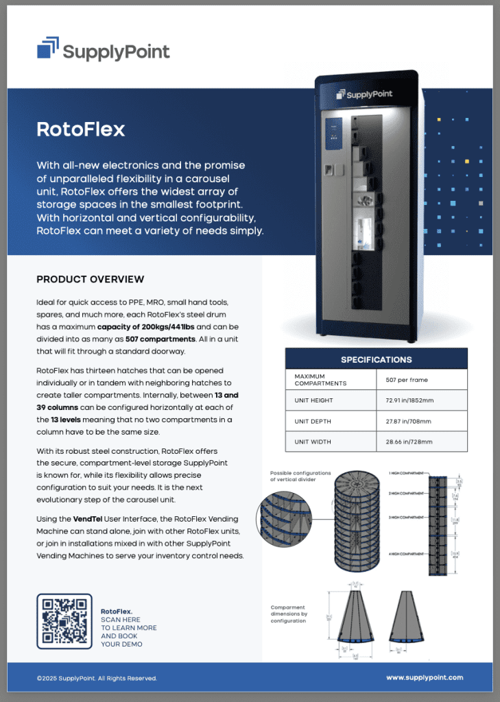 A promotional flyer for the SupplyPoint RotoFlex storage system, showing a tall storage cabinet with a screen and specifications table listing dimensions, total item capacity, and details about compartment sizes.