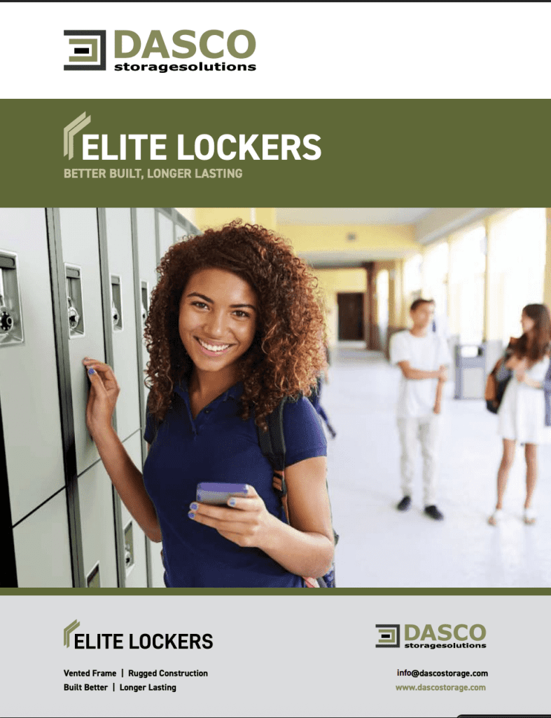 A young woman with curly hair and a backpack smiles while using a locker. Other people are visible in the background near more lockers. The image promotes Dasco storage solutions and elite lockers.