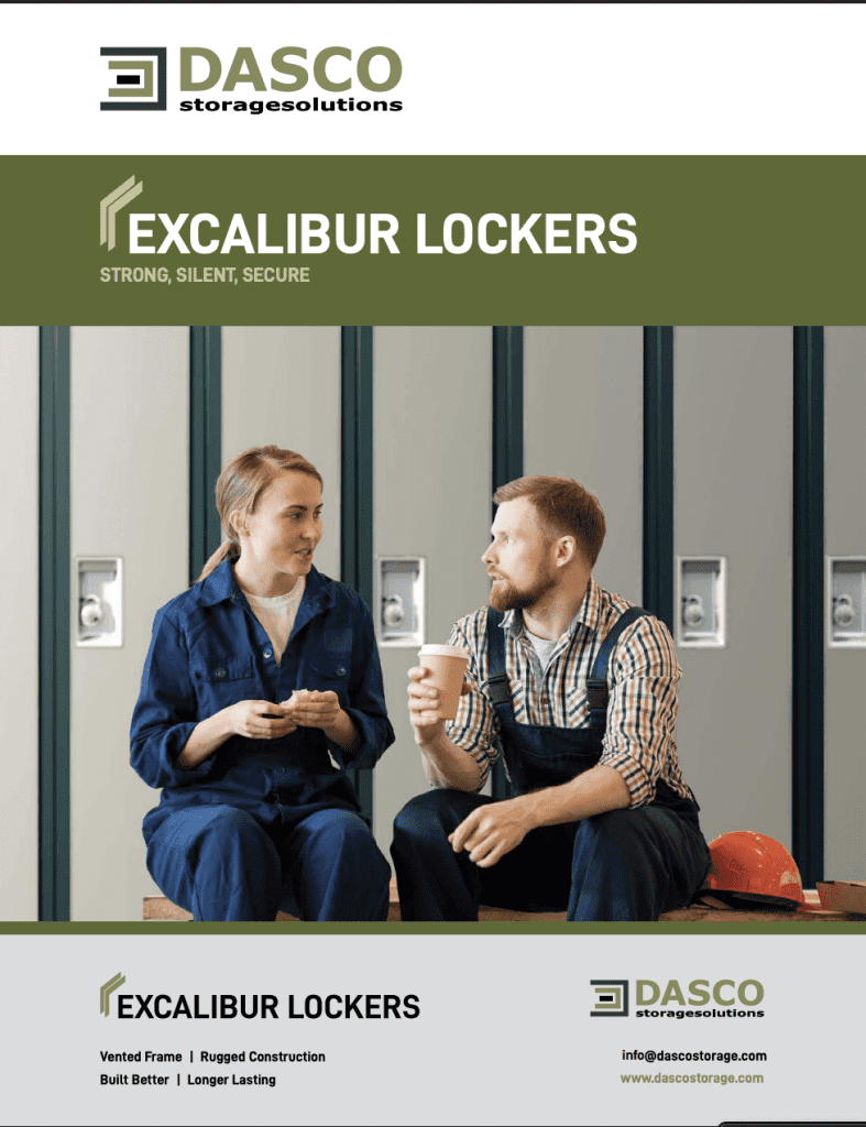 Two workers in uniforms sit on a bench in front of lockers, having a conversation. One holds a sandwich and the other holds a coffee, both smiling. The text advertises Excalibur Lockers by DASCO Storage Solutions.