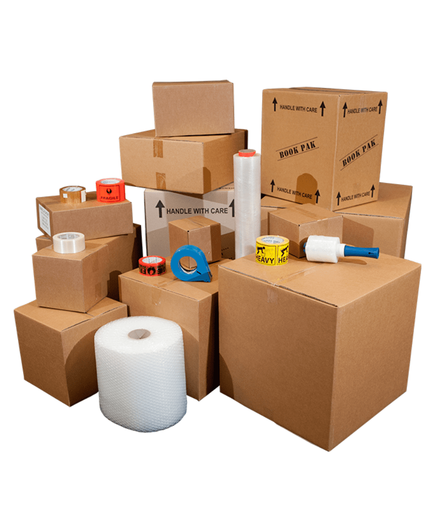 A collection of cardboard moving boxes in various sizes, rolls of tape, bubble wrap, packing paper, markers, and a tape dispenser, all arranged together on a white background.