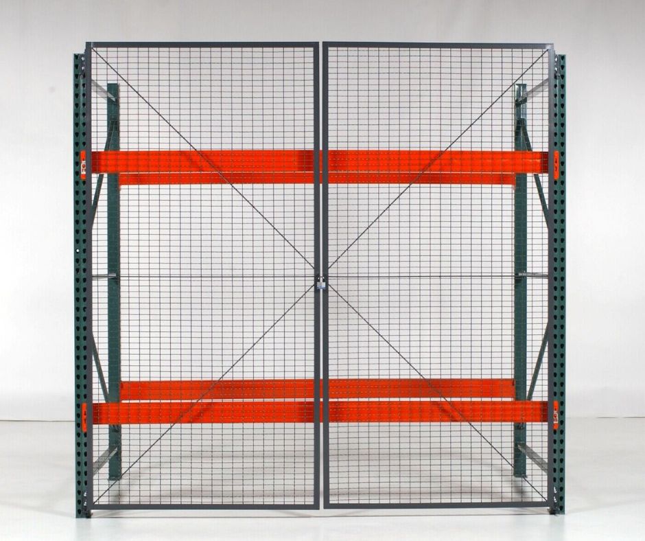 A metal wire storage cage with green frame, orange horizontal bars, and double front doors, designed for pallet rack backing, stands empty against a plain white background.
