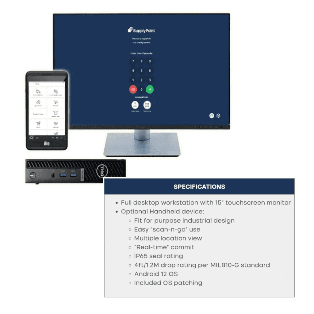 A desktop workstation with a 15-inch touchscreen monitor displays a login screen. Next to it, a handheld device shows an app interface. Below them is a small form-factor computer. A specification list is presented on the right.