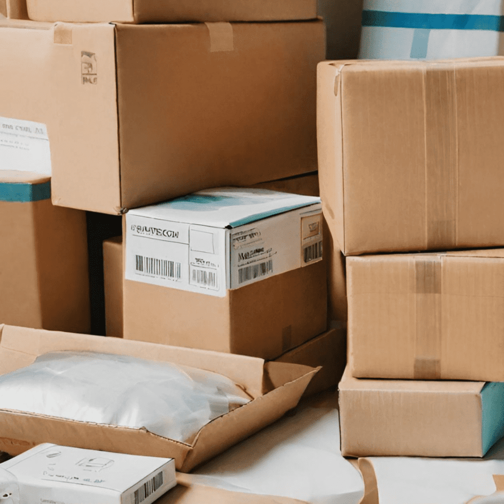 A stack of various cardboard boxes and parcels, some sealed and some open, arranged closely together on a floor, suggesting packing, moving, or deliveries.