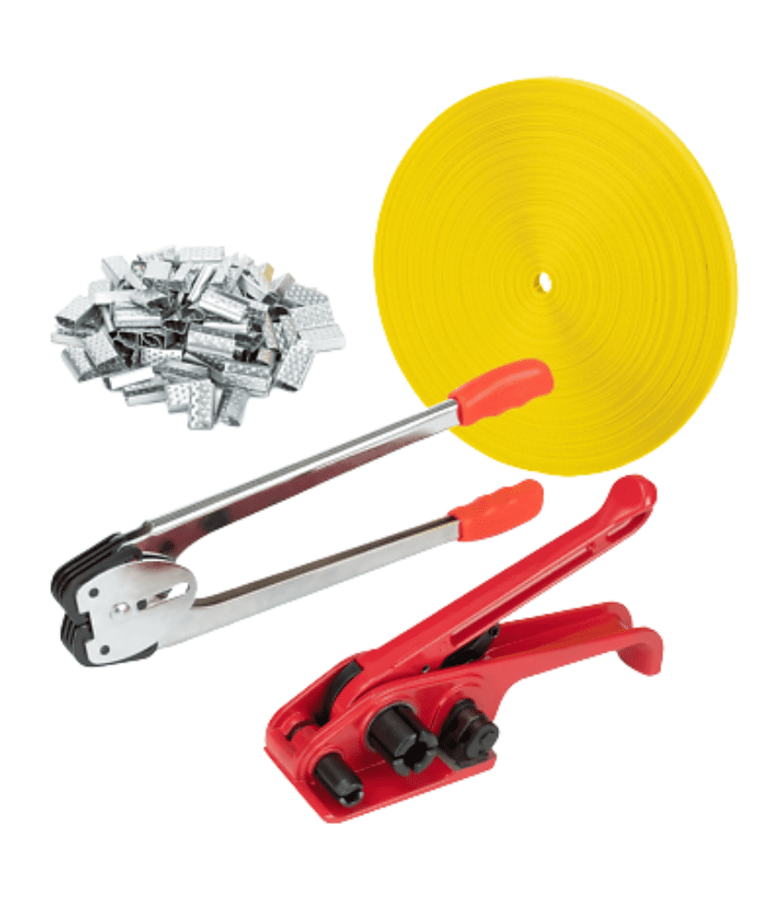 A yellow plastic strapping roll, a pile of metal seals, a silver and red crimping tool, and a red tensioner tool used for packaging and securing items.