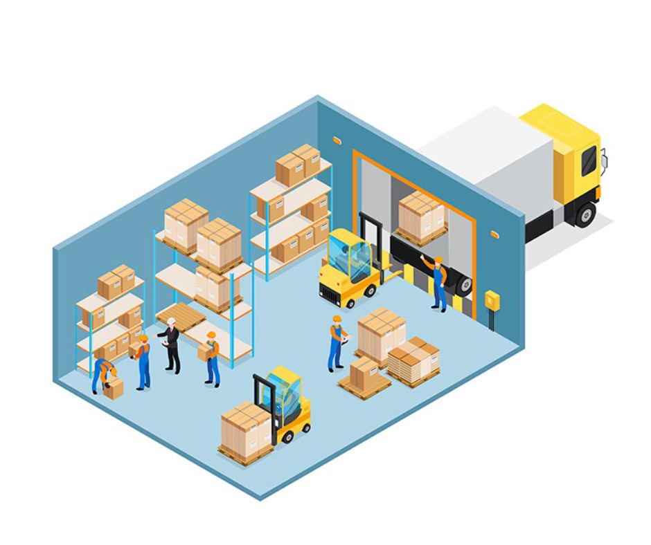 Illustration of a warehouse with workers moving boxes, forklifts transporting pallets, shelves stocked with packages, and a yellow delivery truck parked at the loading dock—showcasing data-driven warehouse layout and efficient operations.