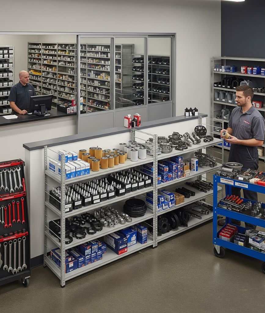 A well-organized auto parts store with shelves stocked with tools, filters, and car parts. Two men in work uniforms are present—one at a computer and another examining a part near a tool cart.