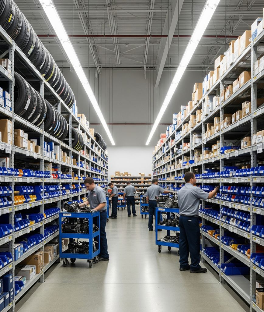 Workers in uniform organize and pick items from tall shelves stocked with boxes and parts in a brightly lit warehouse aisle; some push blue carts with various materials.