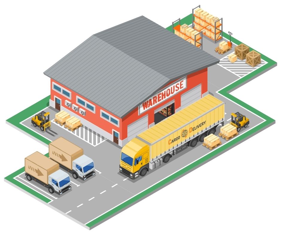 Isometric illustration of an eco-friendly warehouse with trucks, a cargo delivery truck, and forklifts moving pallets and boxes, plus shelves and stacks of goods outside—highlighting sustainable warehouse design.
