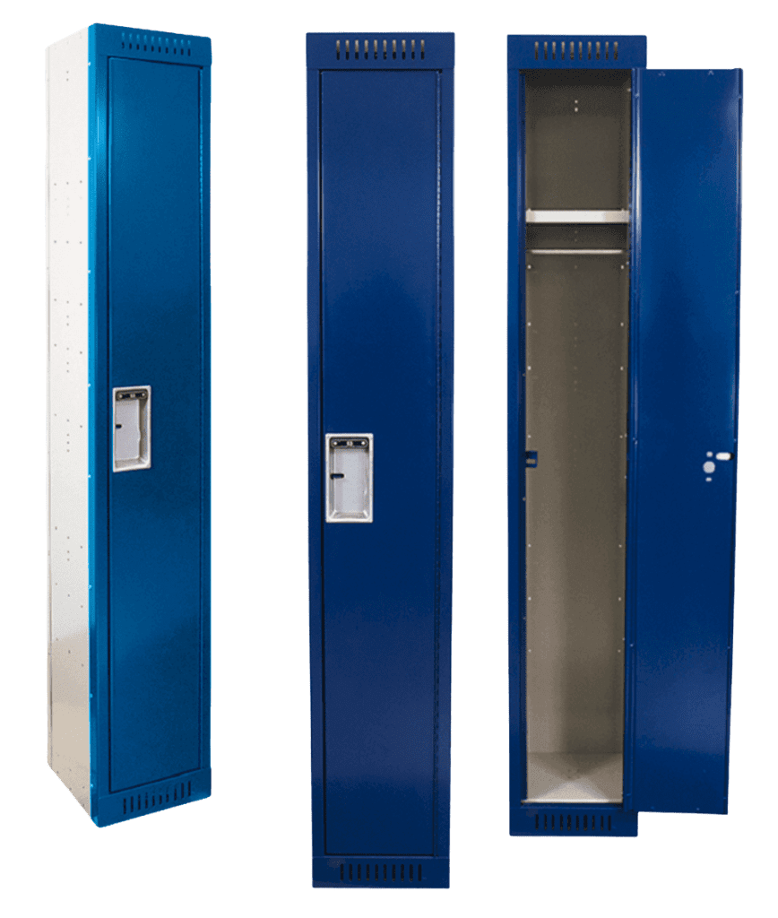 Three tall, blue metal lockers are shown side by side. The first locker is closed, the second shows the front view, and the third has its door open, revealing an empty interior with a shelf and hanging rod.
