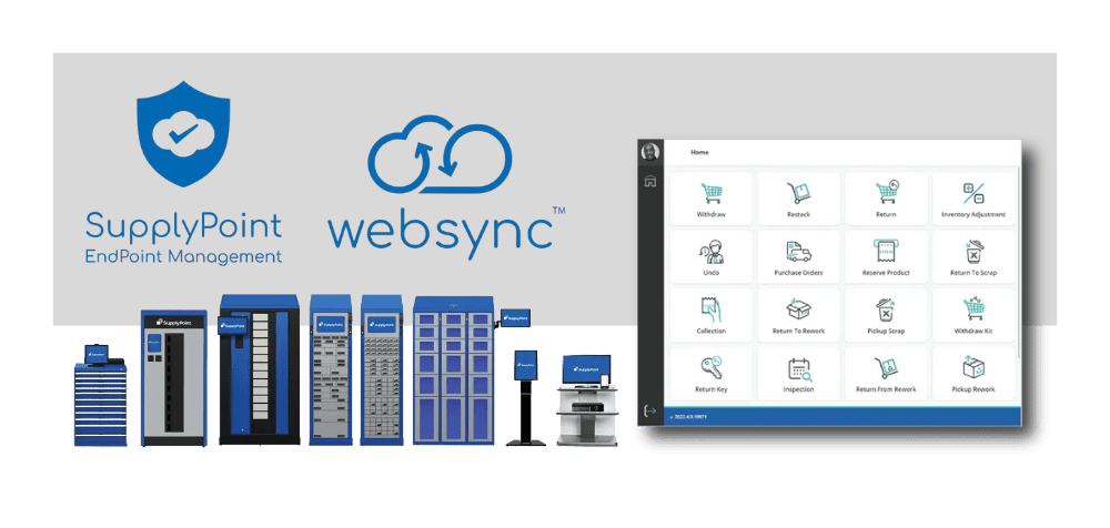 SupplyPoint EndPoint Management and Websync logos above a row of blue automated storage devices and a digital tablet displaying inventory management icons.