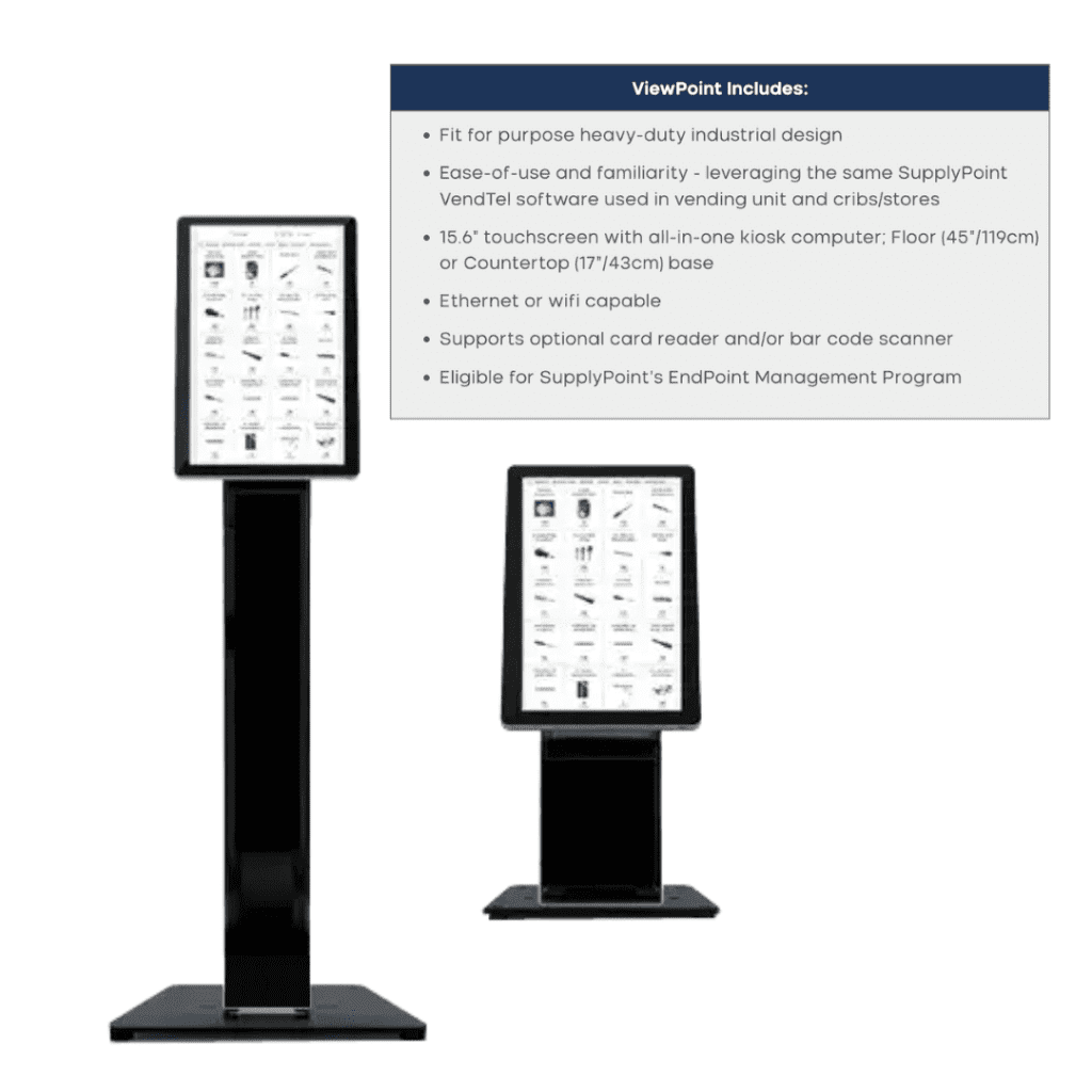 Two black touchscreen kiosks are shown: one freestanding and one countertop model. A text box lists features including industrial design, 15.6 display, network options, card/barcode reader support, and management eligibility.