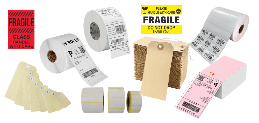Various types of shipping and labeling supplies, including fragile stickers, shipping label rolls, blank tags with strings, and barcode labels, arranged on a clear background.