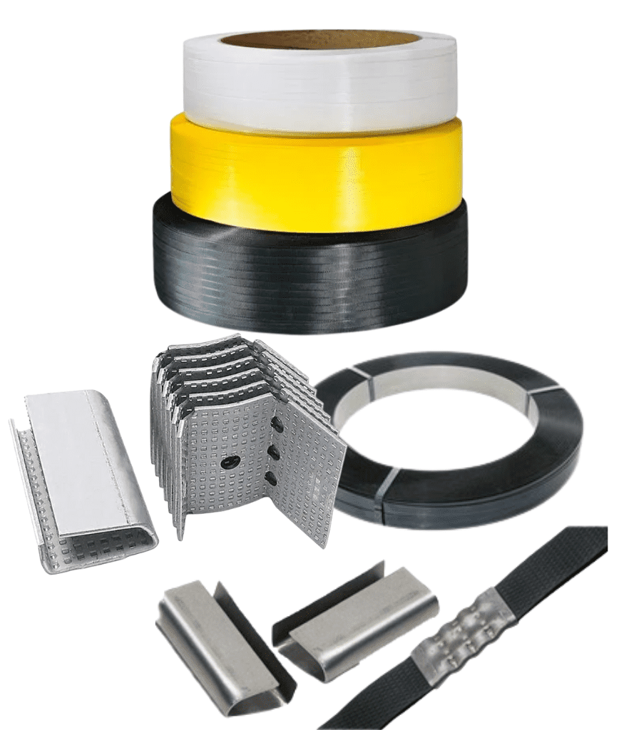 Three rolls of plastic strapping (white, yellow, and black), a coil of steel strapping, and several metal strapping seals or clips are displayed on a white background.