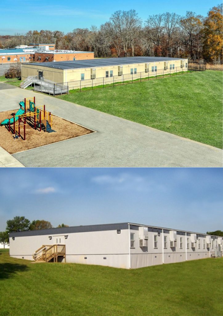 The image shows two modular classroom buildings set on grassy fields, illustrating commercial modular applications. The top features a playground and fenced area, while the bottom displays a larger tan building with multiple entrances.