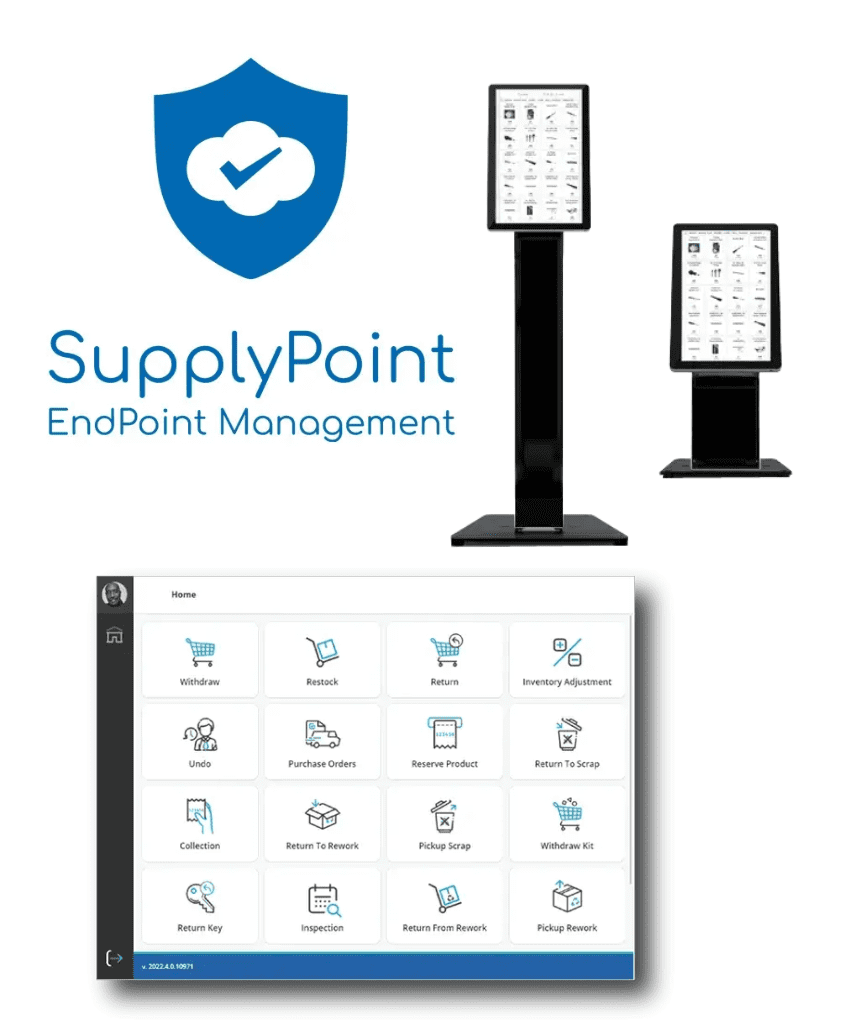 SupplyPoint EndPoint Management logo with two touchscreen kiosks and a screenshot of the software interface displaying various inventory management options.