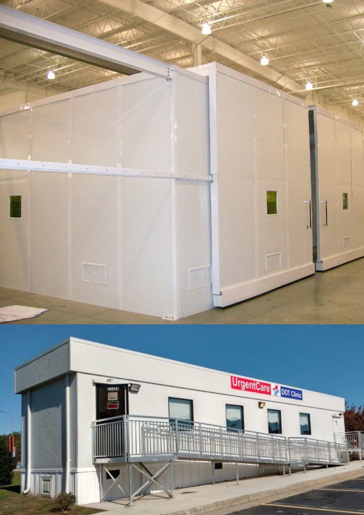 Top: Interior view of a modular white clinic room with high ceilings and bright lighting. Bottom: Exterior of portable office buildings serving as an urgent care clinic, featuring a ramp and signs reading UrgentCare and DOT Clinic.