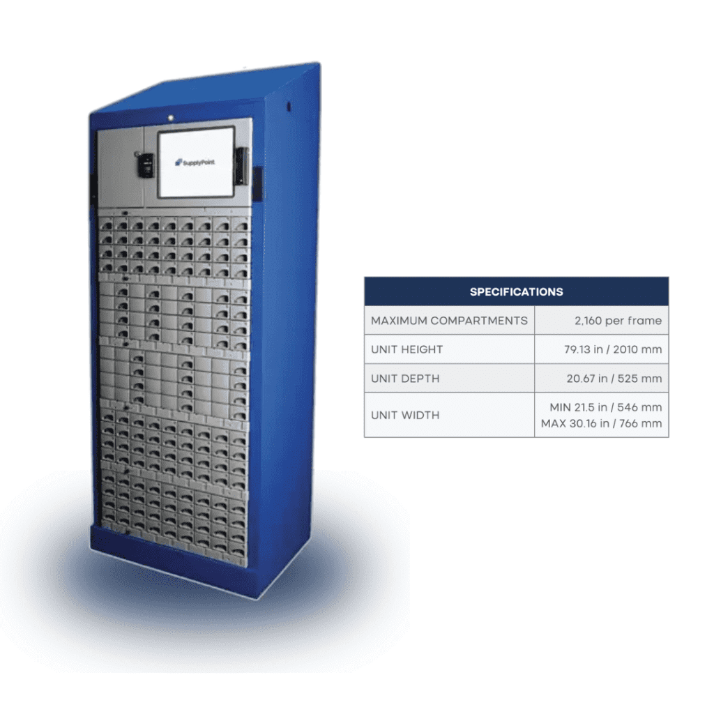 A tall blue storage unit with multiple small compartments and a digital screen, shown next to a specifications chart listing max compartments, height, depth, and width dimensions.