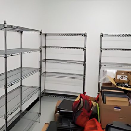 Three empty adjustable wire shelving units are arranged against the walls of a room. In the foreground, piles of boxes and bags hold black binders and other miscellaneous items.