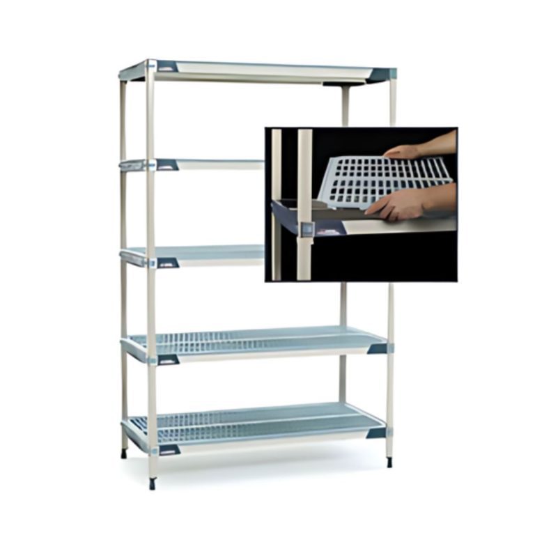 A four-tier adjustable wire shelving unit with mesh shelves; an inset shows hands lifting a removable mesh shelf from the frame, demonstrating its easy removal or adjustment.