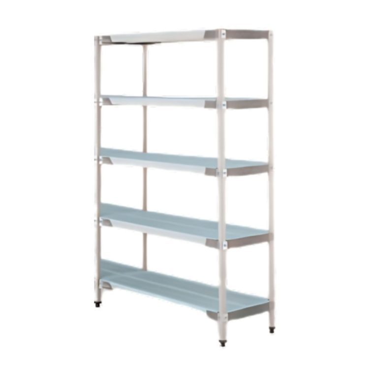 A five-tier adjustable wire shelving rack with gray shelves and a white frame, standing on small adjustable feet, isolated on a white background.