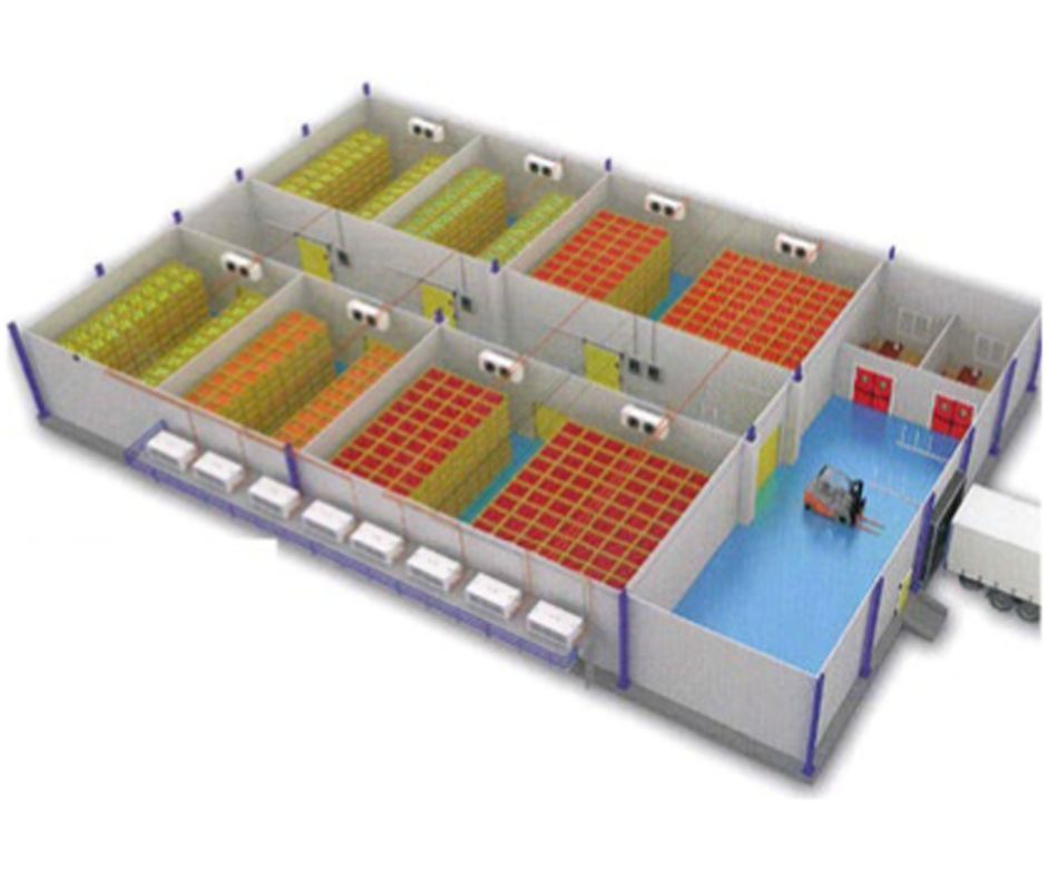 A 3D diagram of a pharmaceutical warehouse design shows multiple organized storage rooms with stacked shelves, a loading dock and truck, plus a forklift in the blue-floored central area.