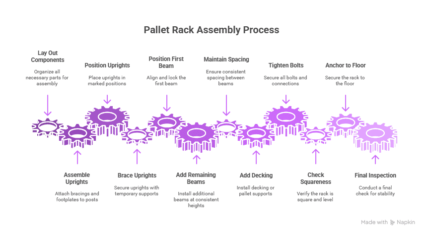 Pallet rack assembly and inspection process diagram: layout components, assemble uprights, add beams, deck, tighten bolts, check squareness