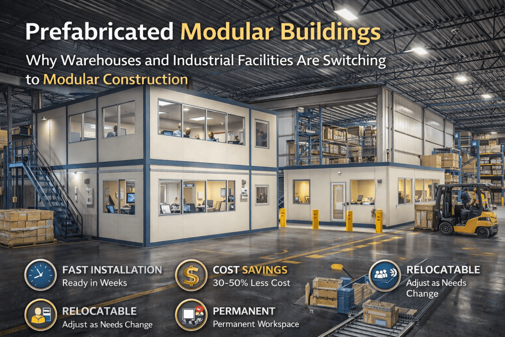 Interior of a warehouse featuring a spacious two-story prefabricated modular office, surrounded by boxes and forklifts. Informational text highlights how prefabricated modular buildings offer fast installation, cost savings, relocatability, and permanent workspace.