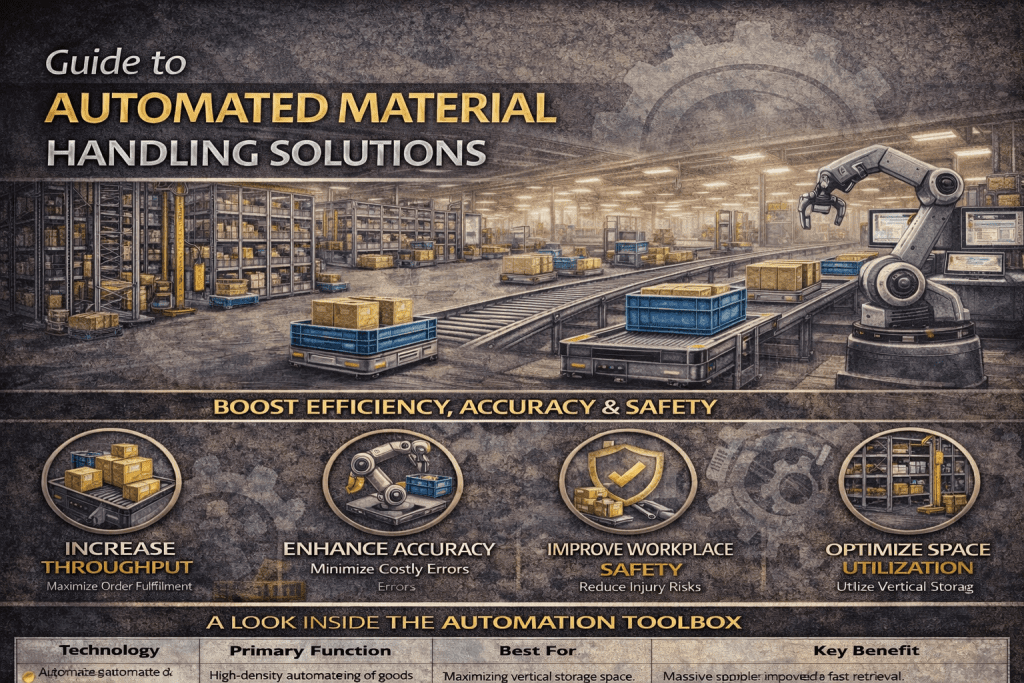 A warehouse with automated robots and conveyor belts moves boxes. Icons below highlight benefits: increase throughput, enhance accuracy, improve safety, and optimize space utilization for material handling solutions.
