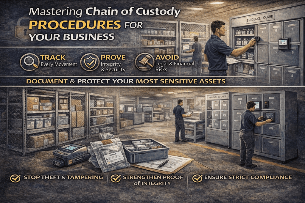 A secure evidence room with people tracking and storing items in lockers, using digital devices, and writing logs. Text highlights tracking, proving integrity, avoiding risks, stopping tampering, and ensuring compliance.