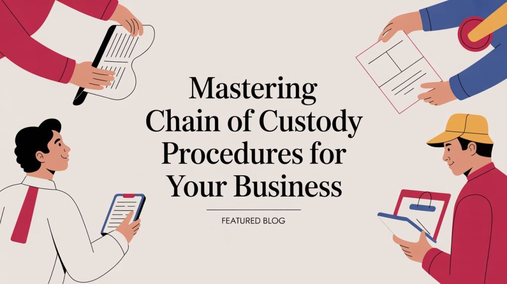 Illustration of four people holding business items—documents, clipboard, calendar, and tablet—surrounding the text Mastering Chain of Custody Procedures for Your Business. Featured Blog.