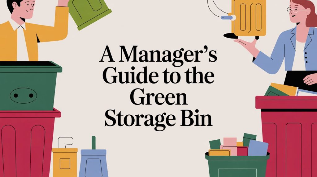 Two illustrated people place items in green and red storage bins. The text in the center reads, A Manager’s Guide to the Green Storage Bin. Other storage bins and boxes are also visible.