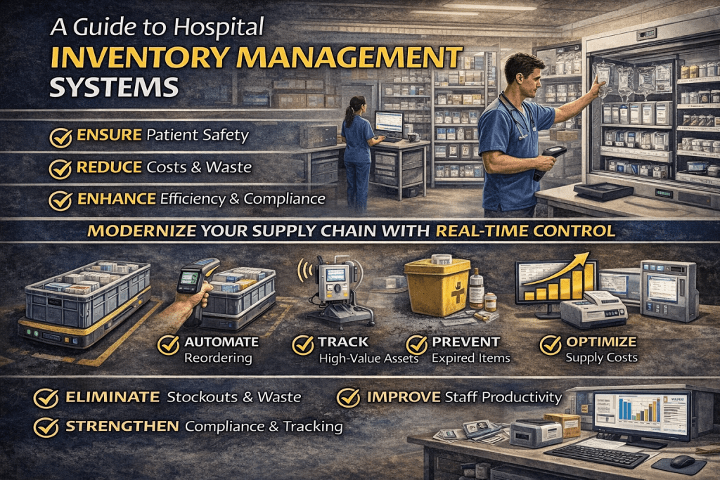 Illustration of a hospital inventory room with staff using digital devices to manage supplies. Text highlights benefits of inventory systems: safety, cost reduction, efficiency, automation, tracking, waste prevention, and optimization.