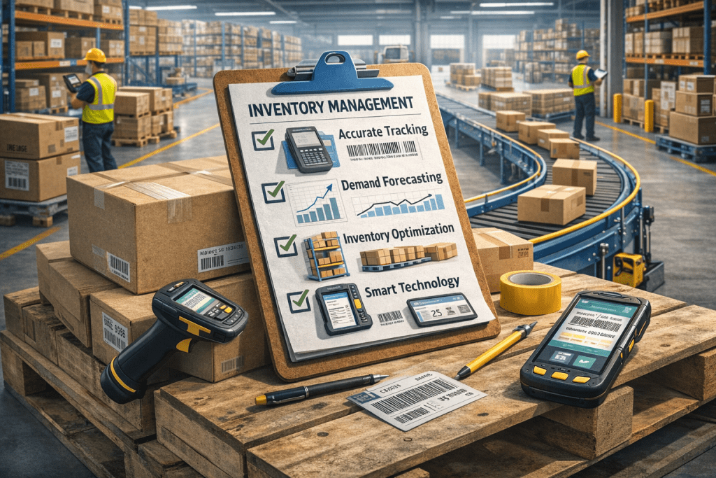A warehouse with workers handling boxes, conveyor belts, and a clipboard showing inventory management best practices with a checklist. Barcode scanners, boxes, tape, and inventory tools are on pallets in the foreground.